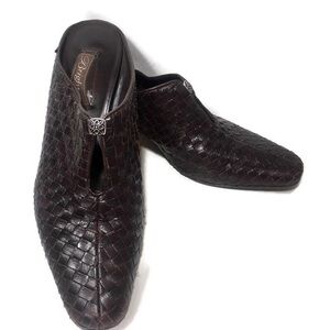 Brighton Women's 10 Brown Leather Woven Mules Shoes Slide On Block Heel Tynan